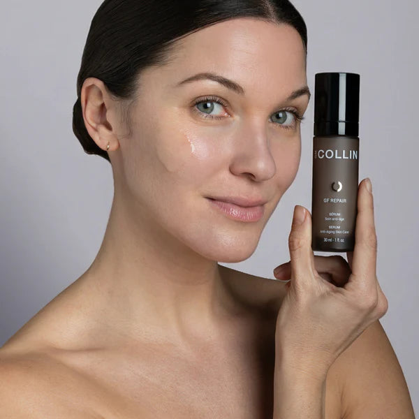 G.M. Collin GF Repair Serum – Model applying professional growth factor serum for wrinkle reduction and skin longevity